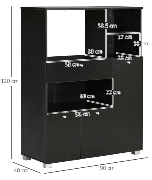 HOMCOM Bufet de Bucătărie pentru Cuptor cu Microunde, Mobilier cu Dulapuri, Rafturi și Sertar, 90x40x120 cm, Negru | Aosom Romania