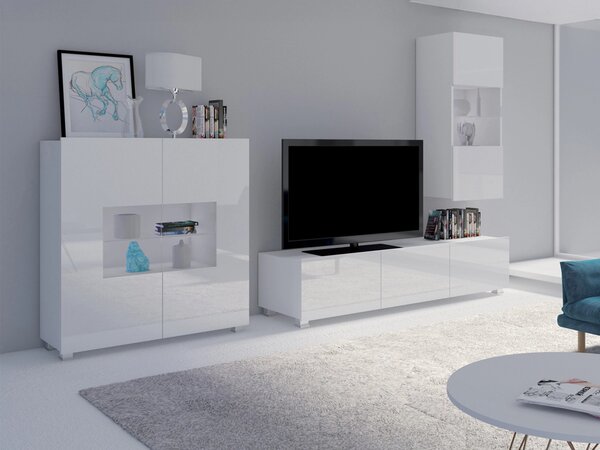 Set de living Remus VII, Alb, Alb lucios, PAL laminat, Sticlă călită, 87 kg