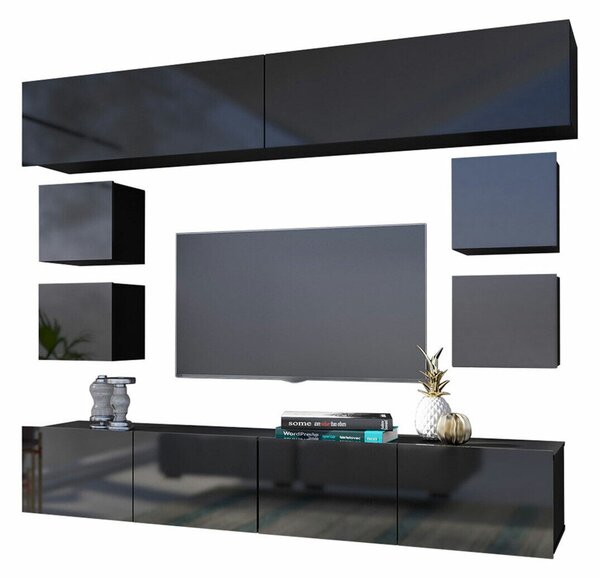 Set de living Remus XVI, Negru, Negru lucios, PAL laminat, 81 kg