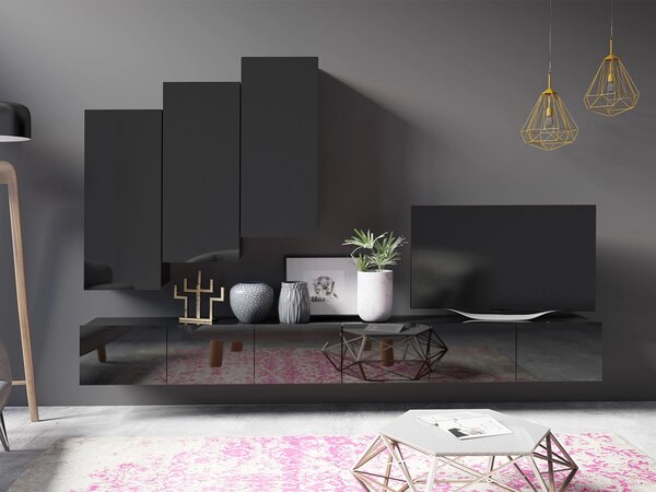 Set de living Remus XX, Negru lucios, Negru, PAL laminat, 107 kg