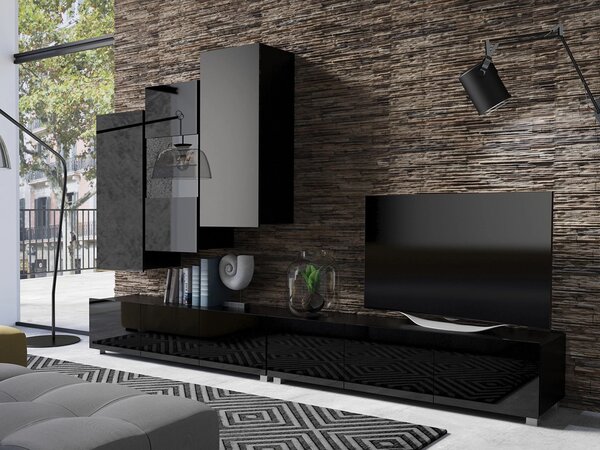 Set de living Remus XVII, Negru, Negru lucios, PAL laminat, Sticlă călită, 110 kg