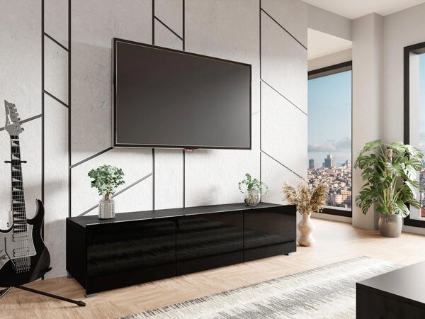 Comodă TV Remus, Negru lucios, Negru, PAL laminat, 37x150x43cm, 25 kg