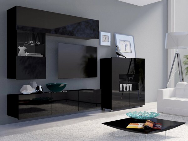 Set de living Remus III, Negru lucios, Negru, Sticlă călită, PAL laminat