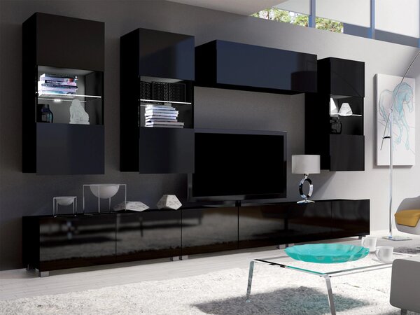 Set de living Remus XI, Negru, Negru lucios, PAL laminat, Sticlă călită, 130 kg