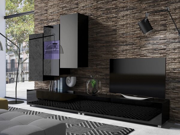 Set de living Remus XVII, Negru, Negru lucios, PAL laminat, Sticlă călită, 110 kg