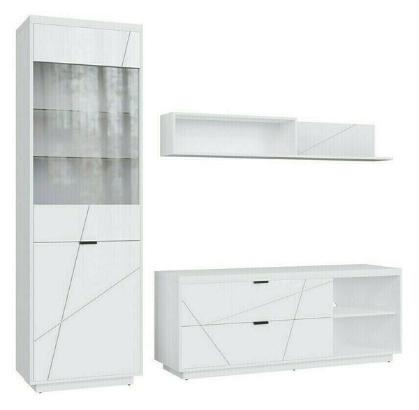 Set de living Fivale 113, Alb lucios, Alb, PAL laminat, Sticlă călită