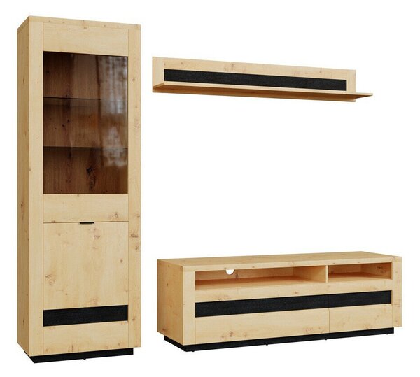 Set de living Sermeli 119, Stejar artizan, Negru, MDF, PAL laminat, Sticlă călită