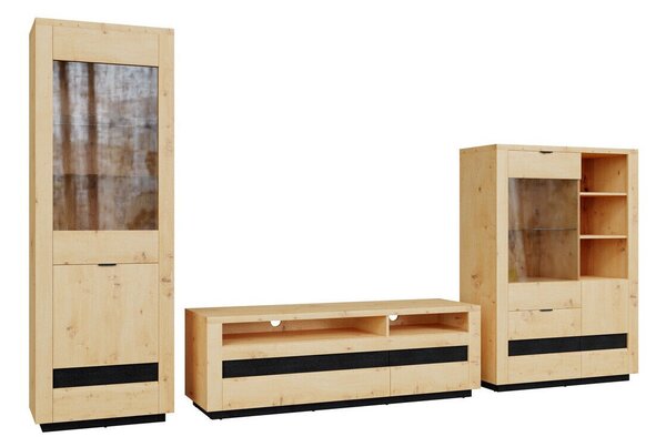 Set de living Sermeli 117, Negru, Stejar artizan, MDF, PAL laminat, Sticlă călită