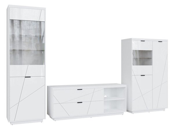 Set de living Fivale 112, Alb lucios, Alb, Sticlă călită, PAL laminat