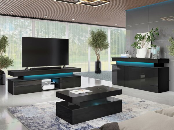 Set de living Monfero, Negru lucios, Negru, PAL laminat, MDF