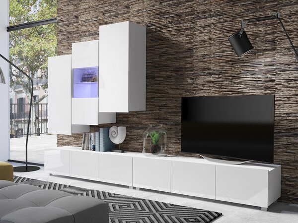 Set de living Remus XVII, Alb, Alb lucios, PAL laminat, Sticlă călită, 110 kg