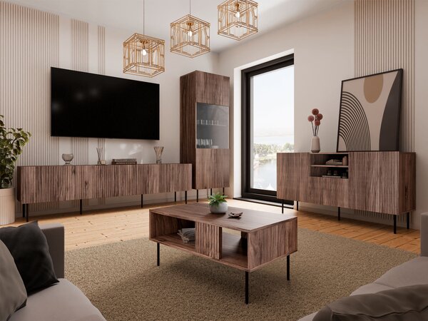 Set de living Fama, Negru, Nuc, MDF, PAL laminat, Sticlă călită