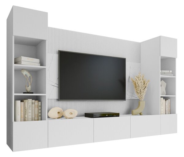Set de living Comfivo Salix I, Marmură albă, Alb, PAL laminat, 150x260x38cm, 103.5 kg