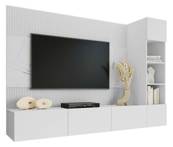 Set de living Comfivo Salix II, Marmură albă, Alb, PAL laminat, 150x220x38cm, 77.5 kg