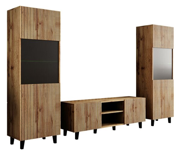 Set de living Comes, Stejar Wotan, Negru, MDF, PAL laminat, Sticlă călită