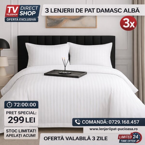Pachet 3 Lenjerii Damasc Alb Premium-TV SHOP