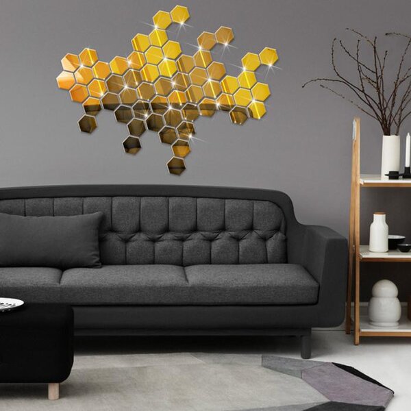 Set Oglinzi din PVC Design Hexagon Gold M Size - Oglinzi Decorative Acrilice Luxury Home 12 bucati/set