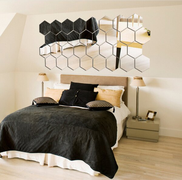 Set Oglinzi Decorative Acrilice Design Hexagon Silver M SizeLuxury Home 24 bucati/set