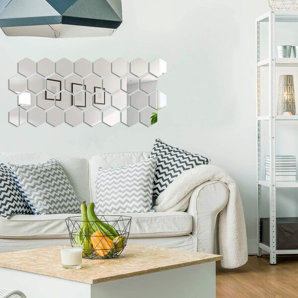 Set Oglinzi din PVC Design Hexagon Silver M Size - Oglinzi Decorative Acrilice Luxury Home 12 bucati/set