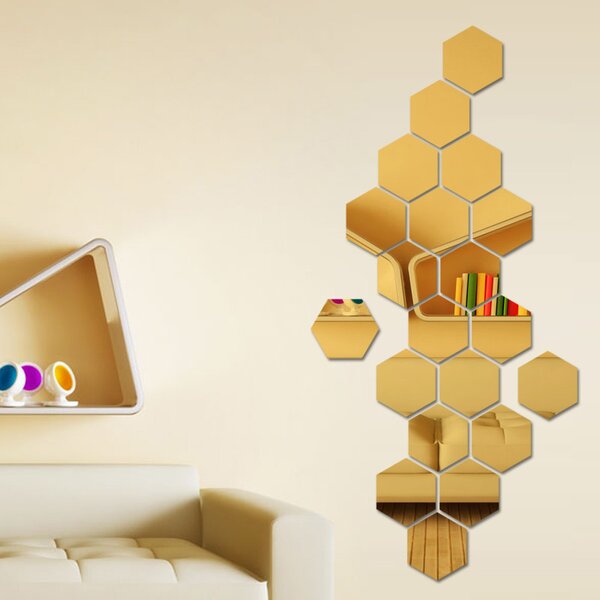 Set Oglinzi din PVC Design Hexagon Gold M Size - Oglinzi Decorative Acrilice Luxury Home 12 bucati/set