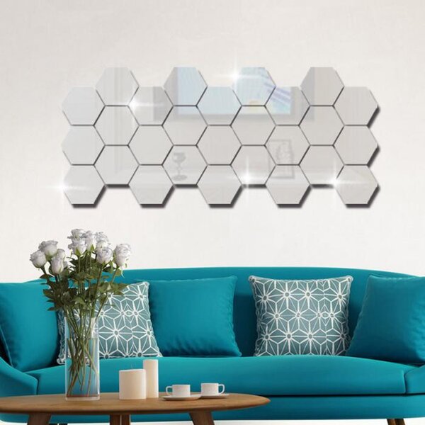 Set Oglinzi Decorative Acrilice Design Hexagon Silver M SizeLuxury Home 24 bucati/set
