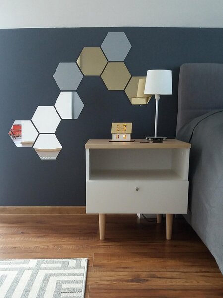 Set Oglinzi Decorative Acrilice Design Hexagon Silver XXL Diagonala 18 cm - Set 12 buc