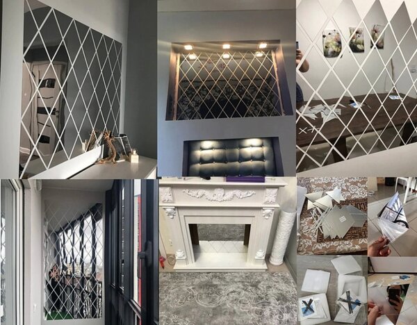 Set 58 Oglinzi Acrilice din PVC - Diamant Romb Sticker Auto-adeziv Decorativ pentru Baie Living si Bucatarie 100 x 100 cm