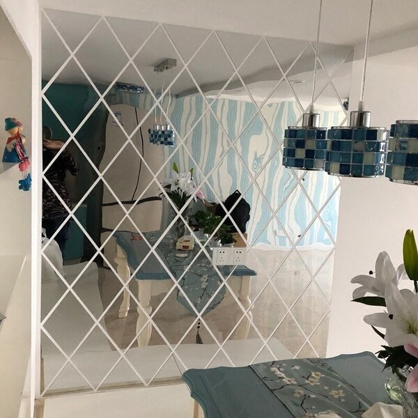Set 58 Oglinzi Acrilice din PVC - Diamant Romb Sticker Auto-adeziv Decorativ pentru Baie Living si Bucatarie 100 x 100 cm