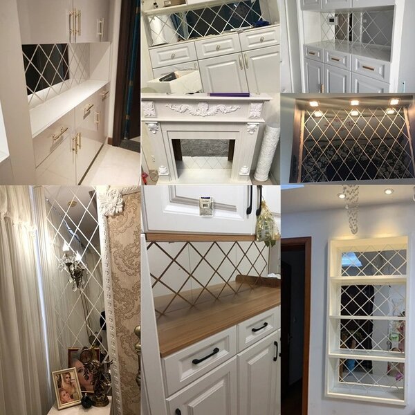Set 58 Oglinzi Acrilice din PVC - Diamant Romb Sticker Auto-adeziv Decorativ pentru Baie Living si Bucatarie 100 x 100 cm