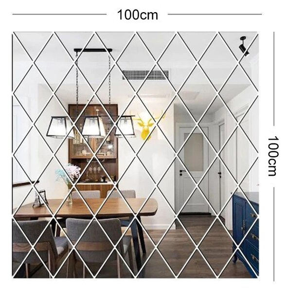 Set 58 Oglinzi Acrilice din PVC - Diamant Romb Sticker Auto-adeziv Decorativ pentru Baie Living si Bucatarie 100 x 100 cm
