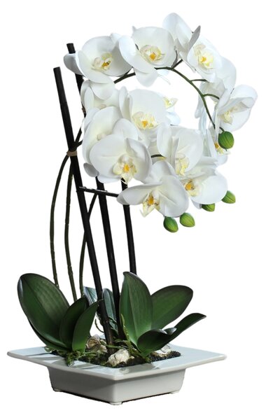 Orhidee artificiala Phalaenopsis Fresh alba cu aspect 100% natural in vas ceramic , 46 cm