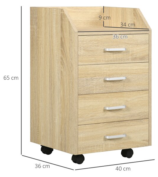 Vinsetto Fiset pentru Birou din Lemn cu 4 Sertare, Dulap pentru Birou cu Roti si Margini Inaltate, 40x36x65cm, Lemn Natur
