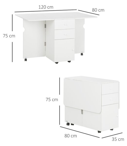 HOMCOM Masa de Bucatarie pliabila cu 2 Sertare si Dulapior cu Usi, Masa Plianta cu 6 Roti din PAL, 120x80x75 cm, Alb
