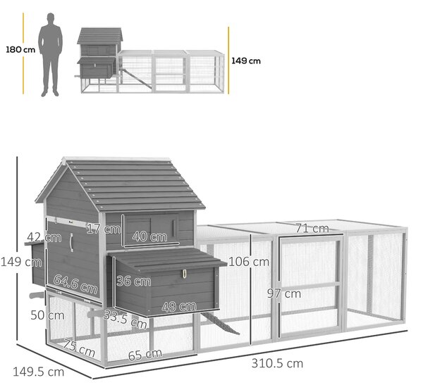 Pawhut Cotet pentru Gaini Ouatoare pentru Exterior, Adapost pentru Gaini cu Rampa si Zona Deschisa Imprejmuita, 310.5x149.5x149cm, Gri