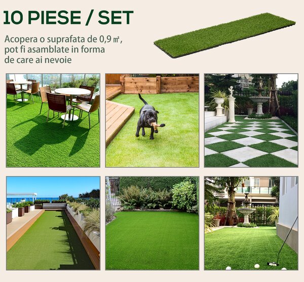 Outsunny Dale pentru Gradina cu Iarba Sintetica 30x30cm 10 Bucati, Gazon Artificial Realist, Densitate 6500 Verde