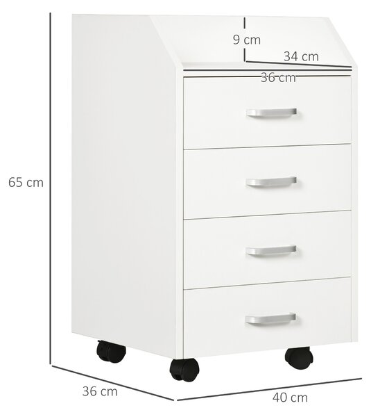 Vinsetto Fiset pentru Birou din Lemn cu 4 Sertare, Dulap pentru Birou cu Roti si Margini Inaltate, 40x36x65cm, Alb