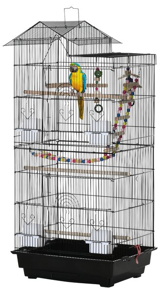 PawHut Colivie pentru Păsări cu Scăriță, Leagăn, Boluri și Jocuri, Colivie pentru Păsări din Oțel, PP și Lemn, 46x36x100 cm, Negru | Aosom Romania
