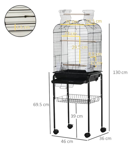 PawHut Colivie pentru Pasari cu 3 Stinghii, 2 Boluri si 2 Usi Laterale, Colivie pentru Animale din Otel, PP si Lemn, 46x36x130 cm, Neagra
