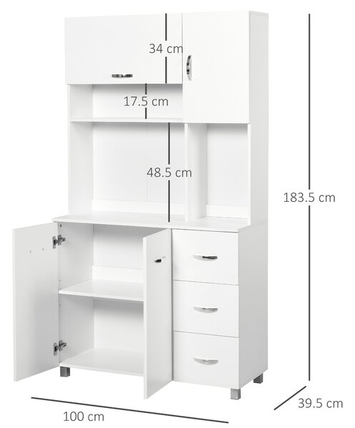Homcom Bufet Înalt pentru Bucătărie, Dulap cu Sertare și Dulapioare, Rafturi Deschise pentru Microunde, 100x39.5x183.5cm, Alb | Aosom Romania