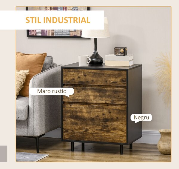 HOMCOM Comoda cu 3 Sertare din PAL in Stil rustic, 60x45x75cm, Maro si negru | Aosom Romania