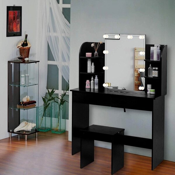 SEM214 - Set Masa toaleta 108 cm, cosmetica machiaj oglinda masuta vanity cu oglinda, rafturi si scaun - Negru, Alb