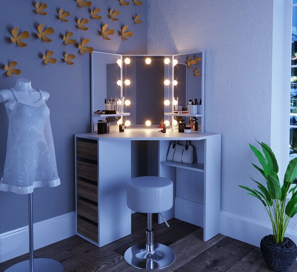 SEA274 - Set Masa toaleta cosmetica machiaj, cu oglinda make-up cu sau fara LED-uri, masuta vanity - Alb cu Maro pe colt