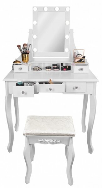 SEA521 - Set Masa alba toaleta, 80 cm, cosmetica machiaj oglinda cu LED, masuta vanity, scaunel, taburet tapitat
