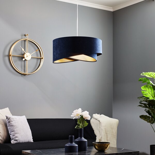 Maco Design Lampă suspendată Vivien, două culori, albastru/auriu, reglabil, Albastru, Camera de zi / sufragerie, Țesătură / Textil, Modern