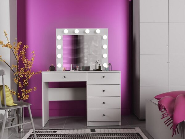 SEA534 - Set Masa toaleta, 110 cm, cu manere tip Cristal, masuta cosmetica machiaj, vanity cu sau fara scaun, oglinda cu LED-uri - Alb