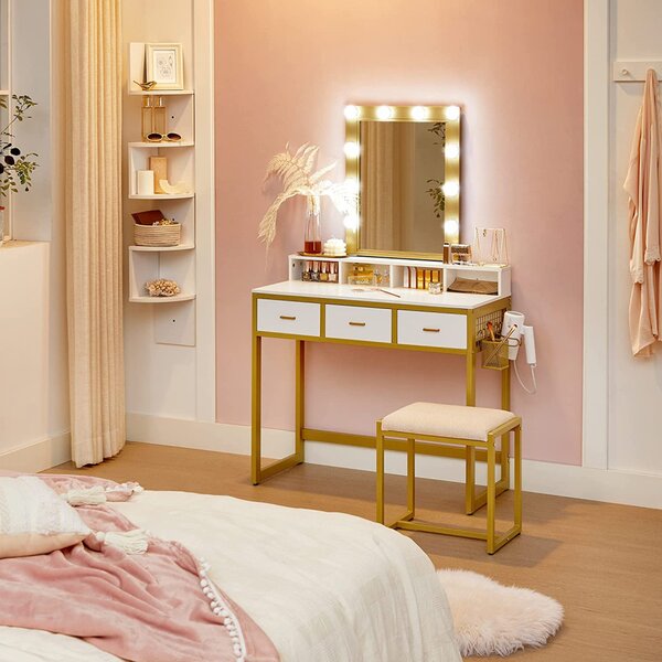 SEA356 - Set Masa toaleta, 90 cm, cosmetica machiaj cu oglinda cu LED si scaun, masuta vanity - Alb-Auriu