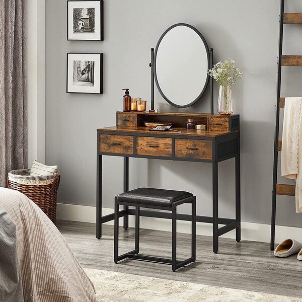SEM231 - Set Masa toaleta, 90 cm, cosmetica machiaj cu oglinda, masuta vanity cu scaun tapitat - Maro stil industrial