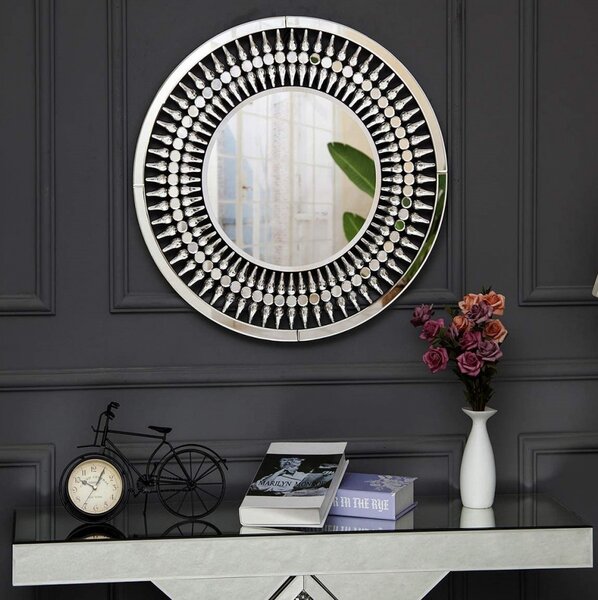 OGG5 - Oglinda rotunda 70 cm, pentru perete ornamentala dormitor, living - Argintie