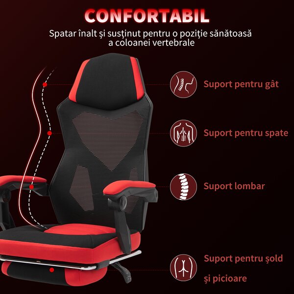 Vinsetto Scaun de Birou Ergonomic și Reclinabil cu Suport pentru Picioare Negru și Roșu | Aosom Romania