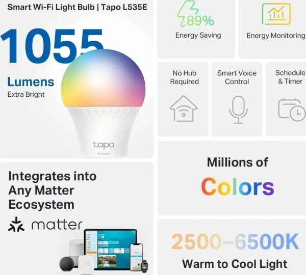 Bec LED RGBW dimabil A60 E27/8,6W/230V 2500-6500K Wi-Fi - TP-Link